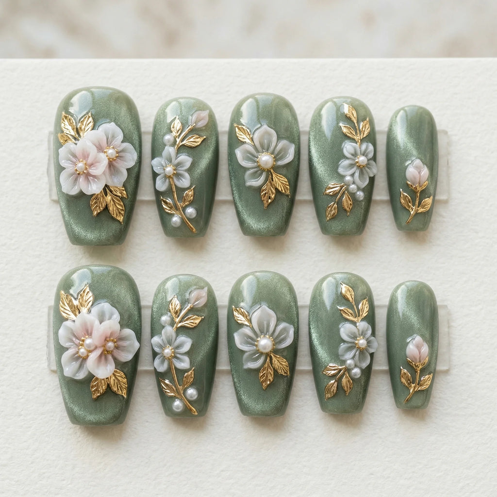 sage green cat eye 3d coffin medium press on nails white flower box 01