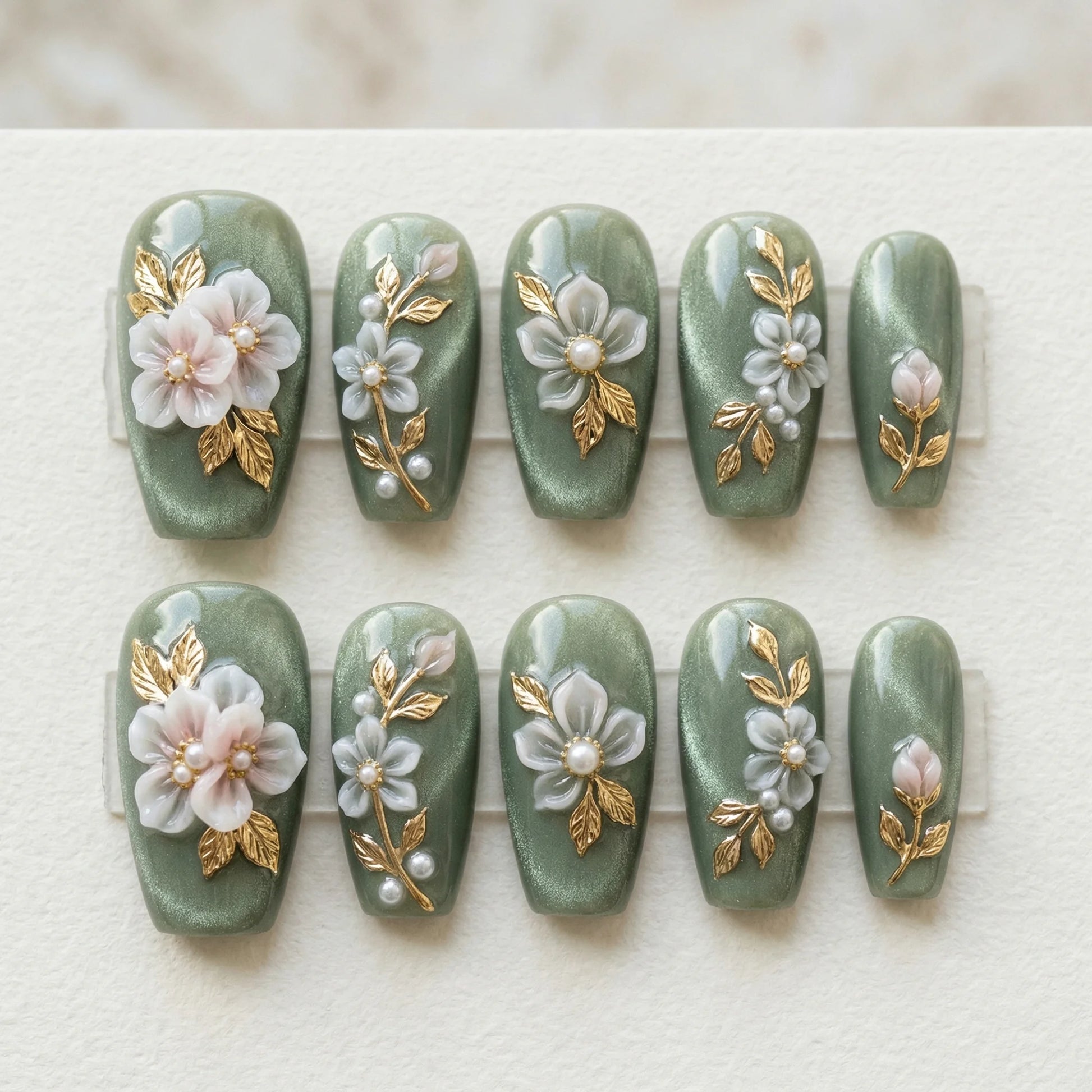 sage green cat eye 3d coffin medium press on nails white flower box 01