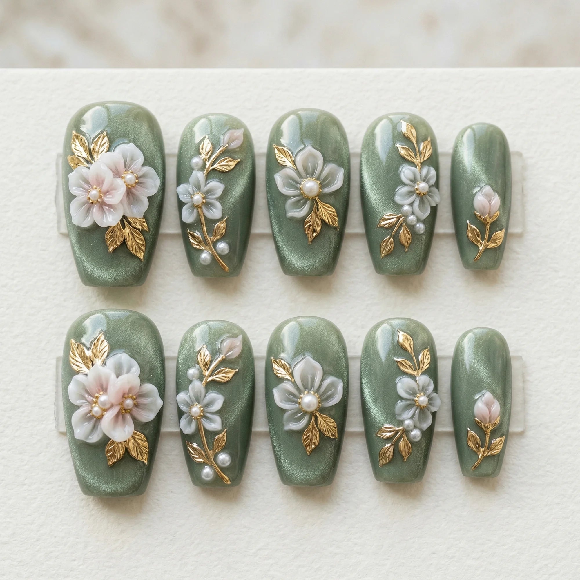 sage green cat eye 3d coffin medium press on nails white flower box 01
