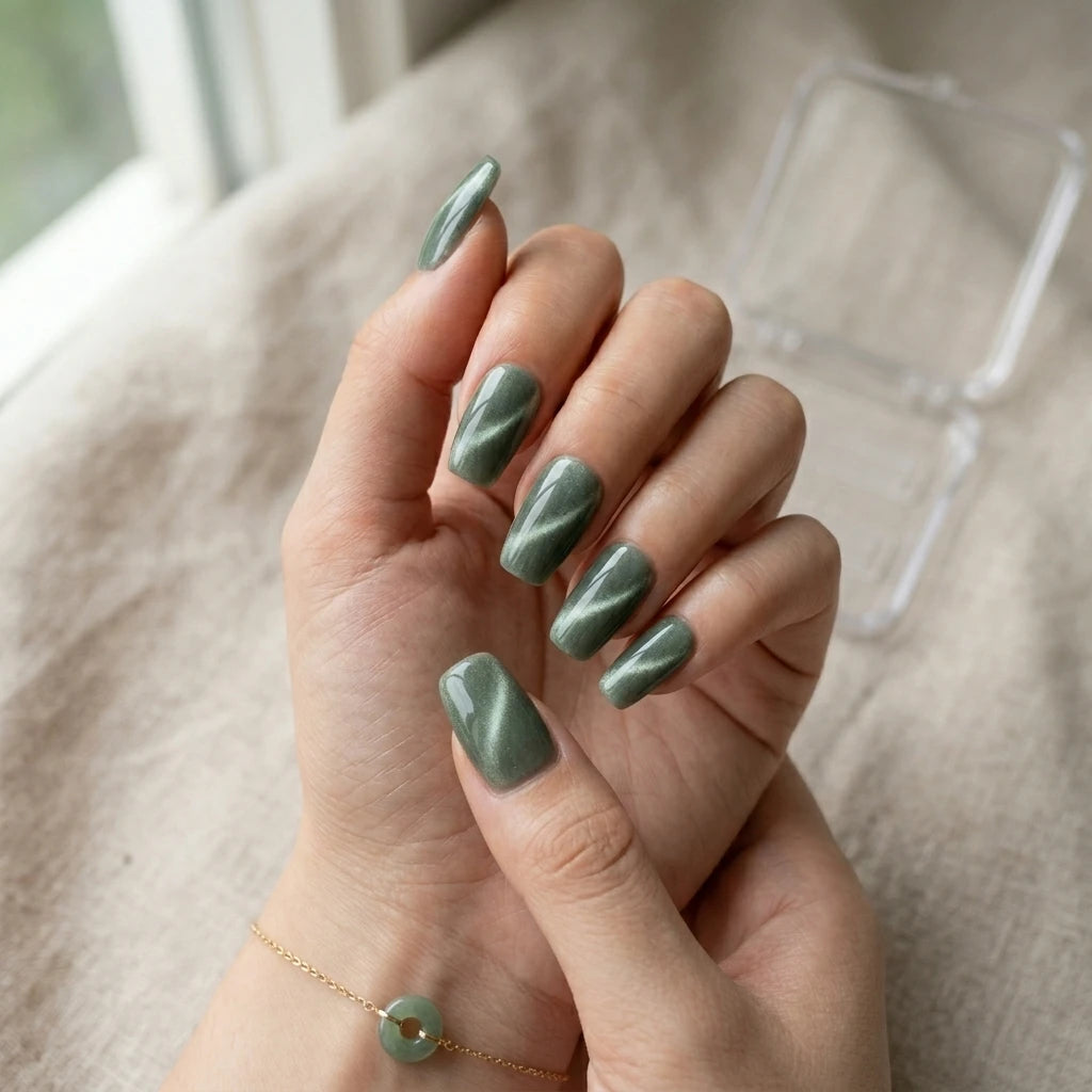 sage green cat eye coffin long press on nails detail 01