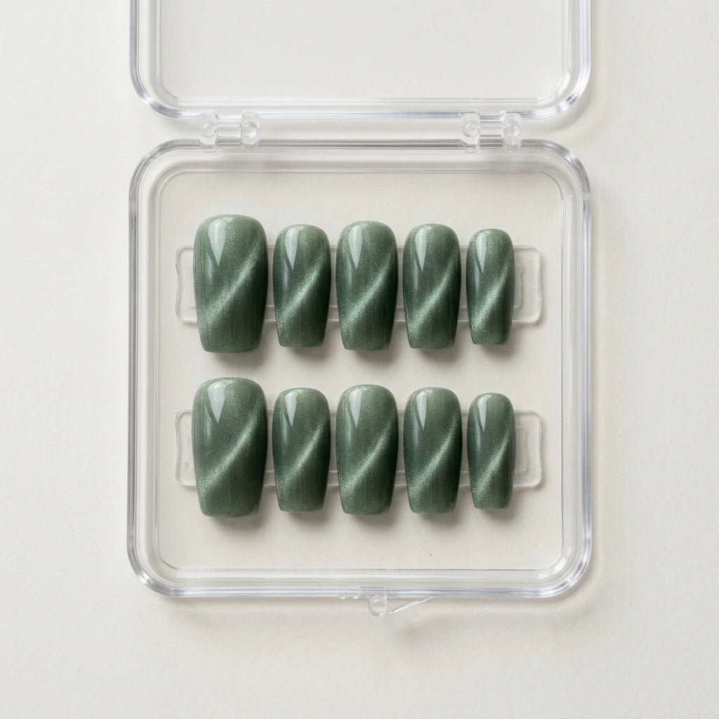 sage green cat eye coffin long press on nails detail 02