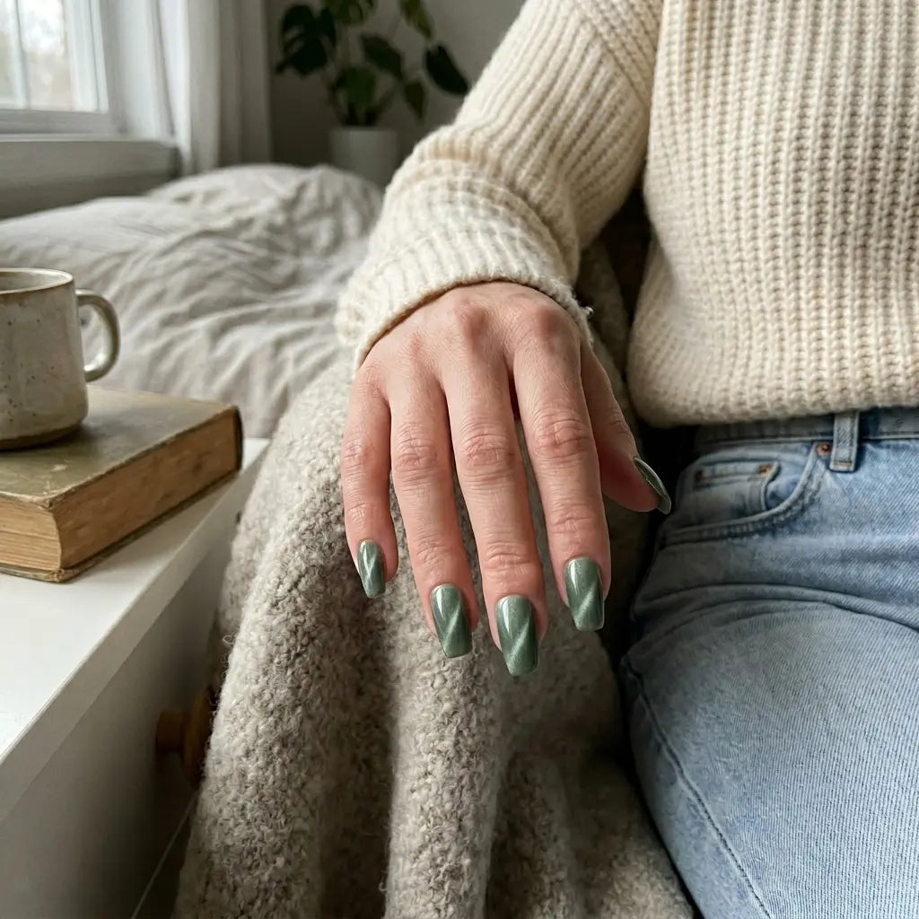 sage green cat eye coffin long press on nails lifestyle 01