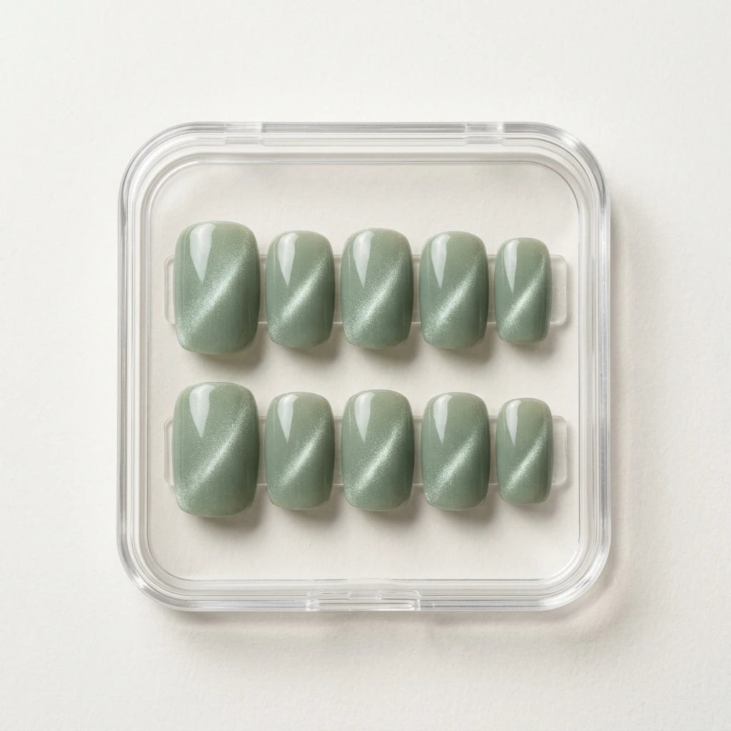 sage green cat eye square press on nails detail 01