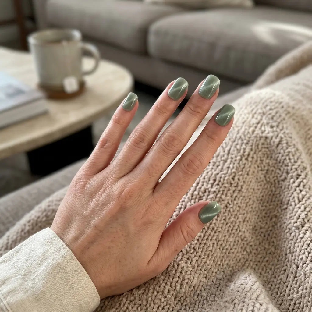 sage green cat eye square press on nails lifestyle 01
