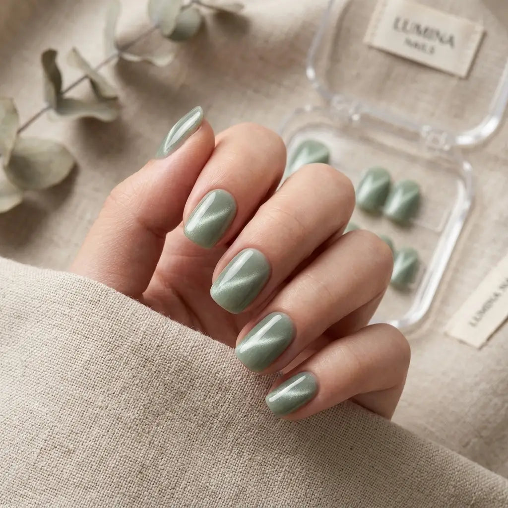 sage green cat eye square press on nails mockup 02