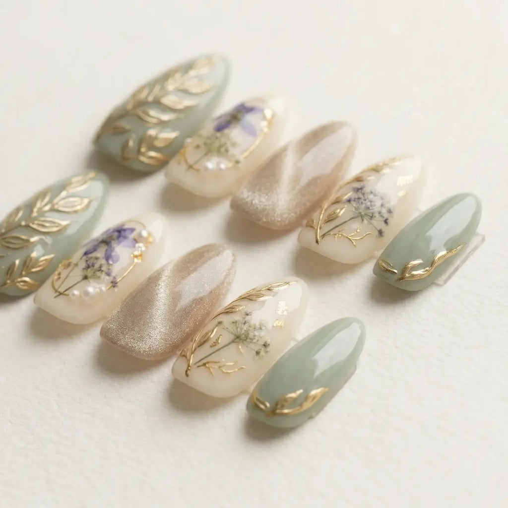 Decorative nail art with floral and leaf designs on a light background