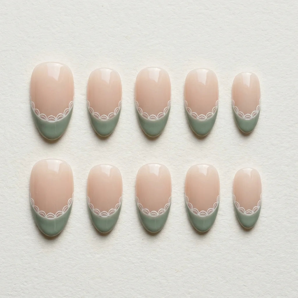 sage green french tip almond press on nails white lace detail 03