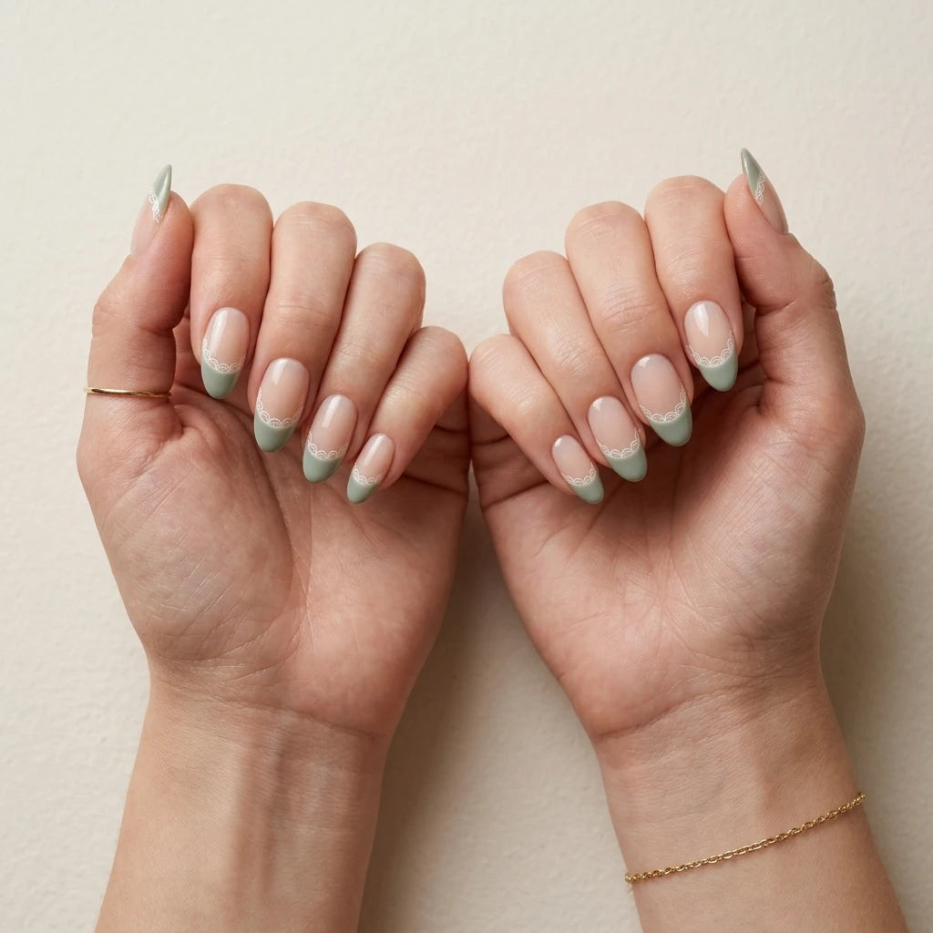 sage green french tip almond press on nails white lace flat lay 04