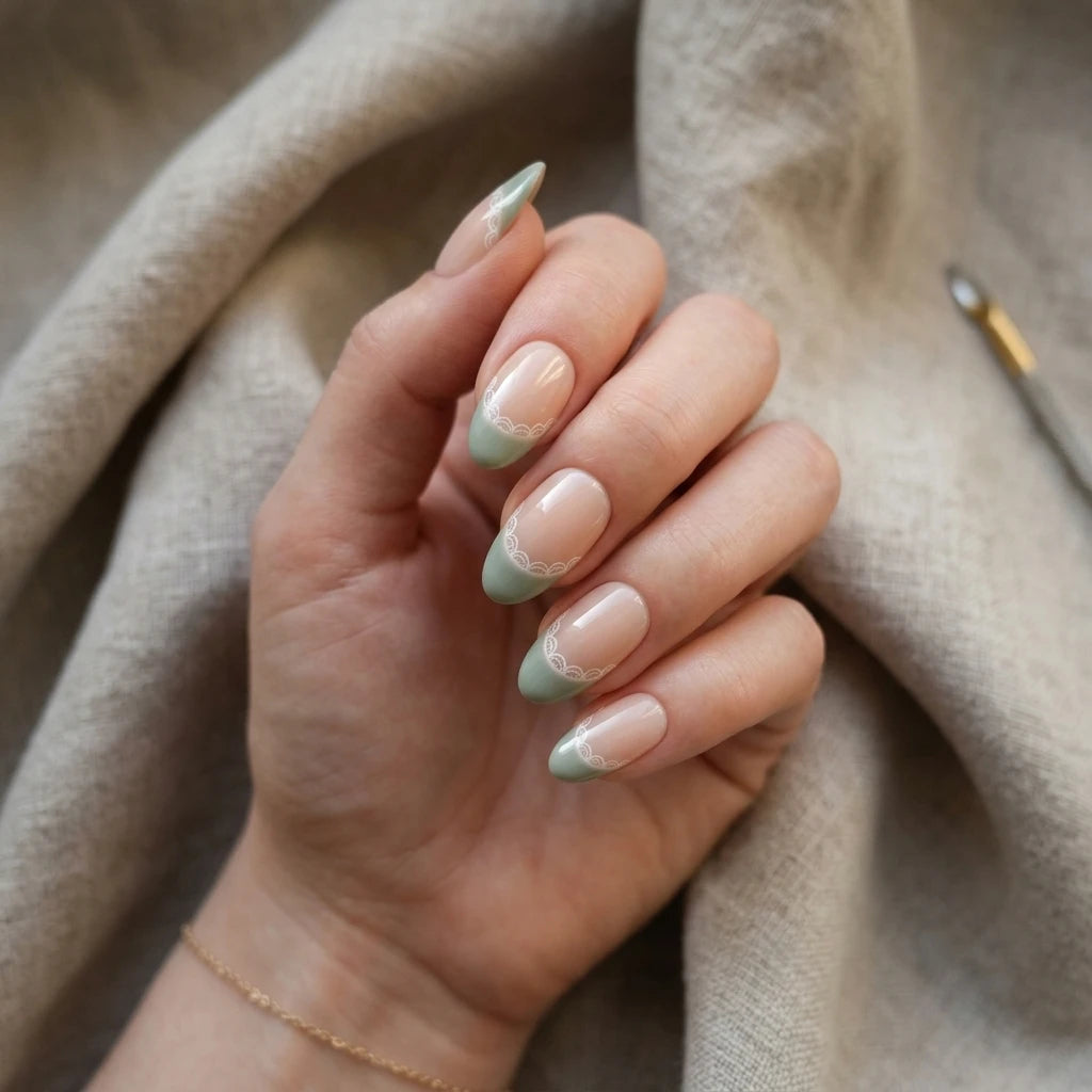 sage green french tip almond press on nails white lace lifestyle 02