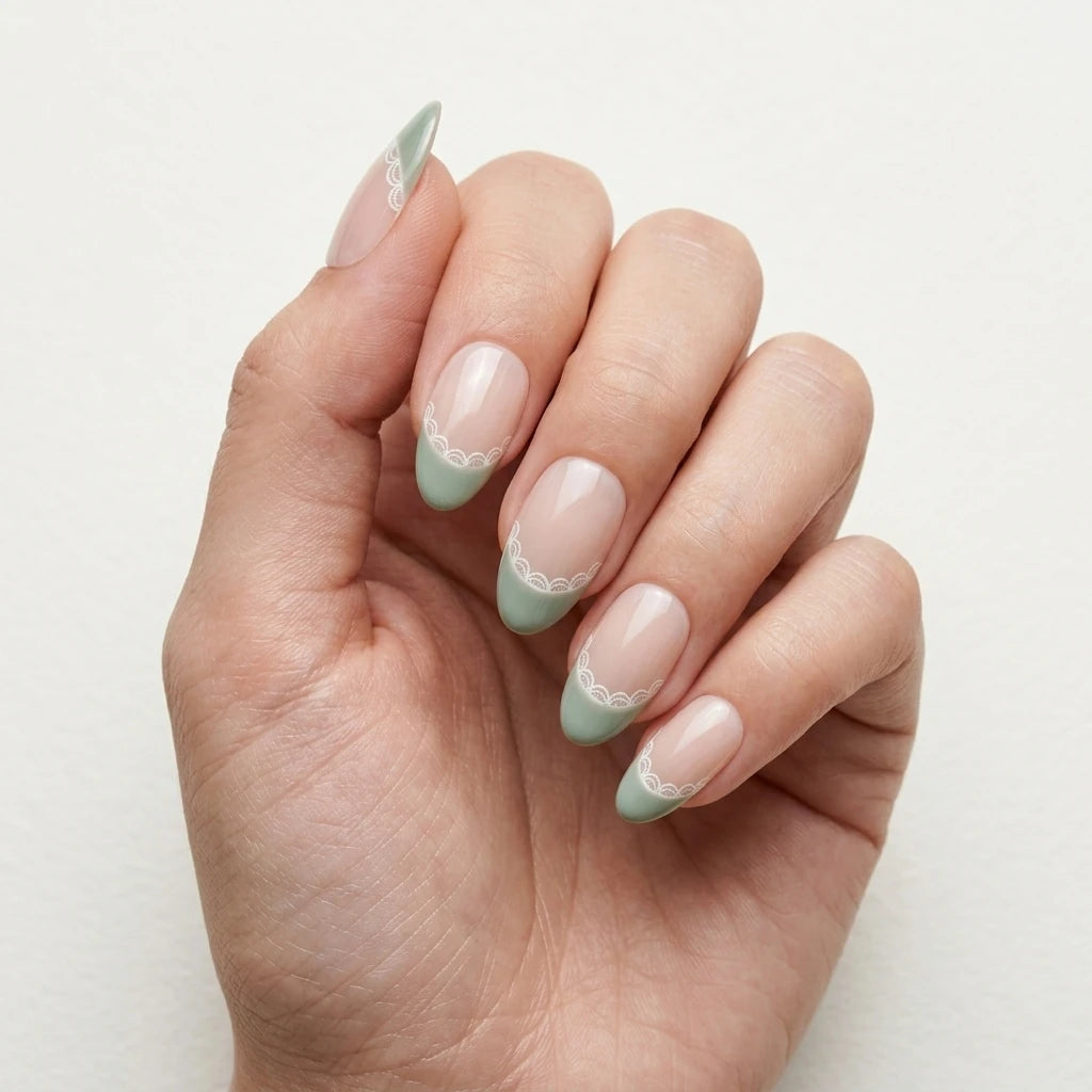 sage green french tip almond press on nails white lace mockup 01