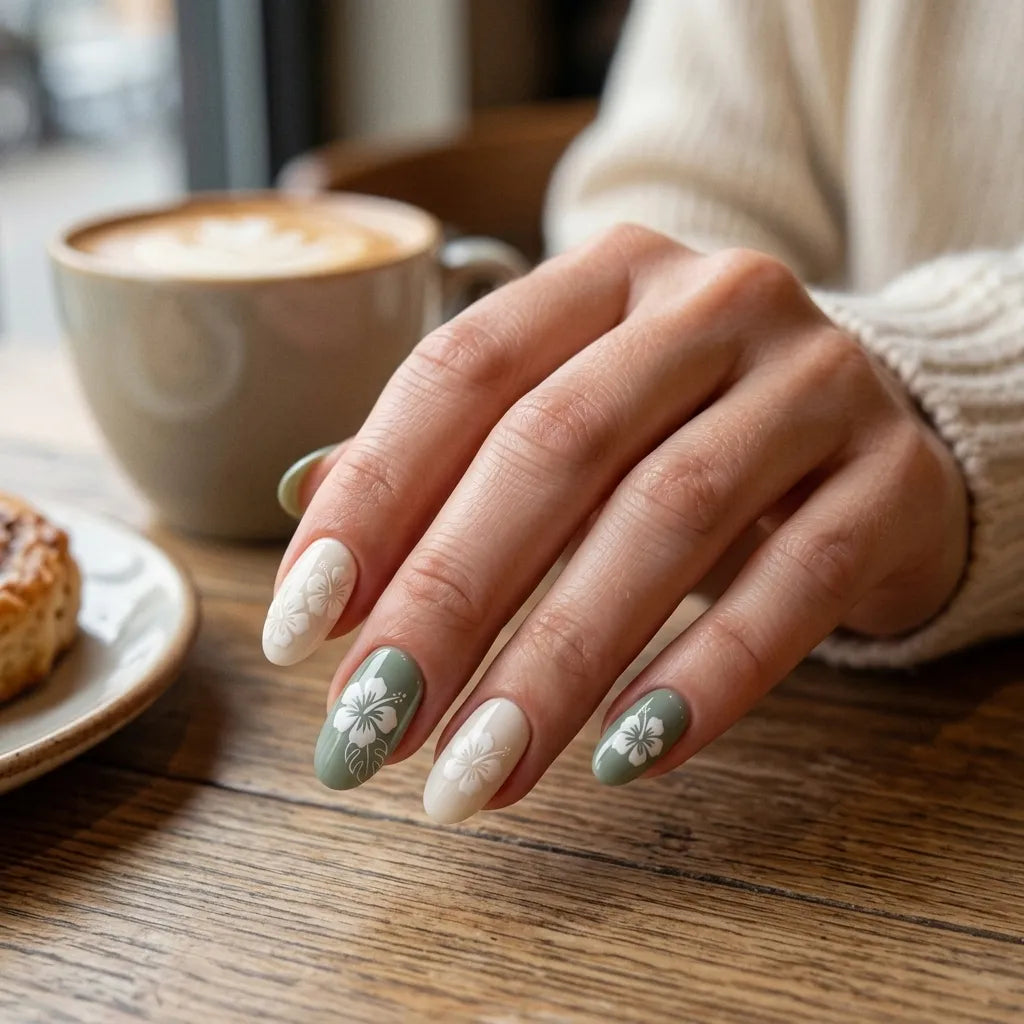 sage green hand painted almond long press on nails white hibiscus flat lay 01