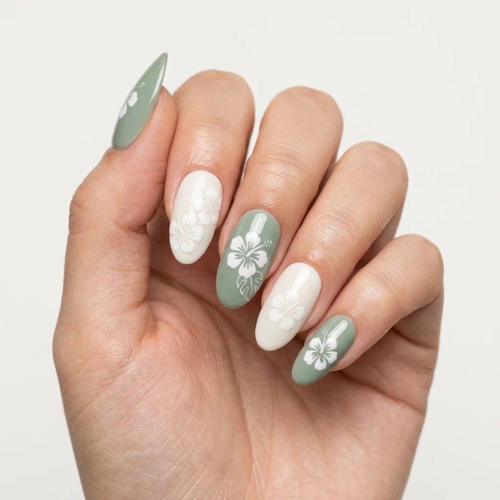 sage green hand painted almond long press on nails white hibiscus flat lay 02