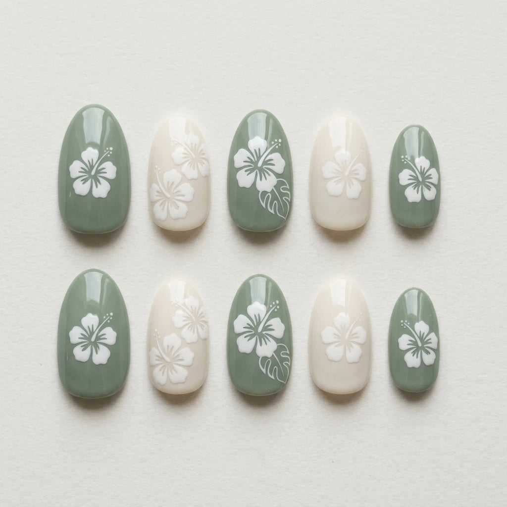 sage green hand painted almond long press on nails white hibiscus lifestyle 01