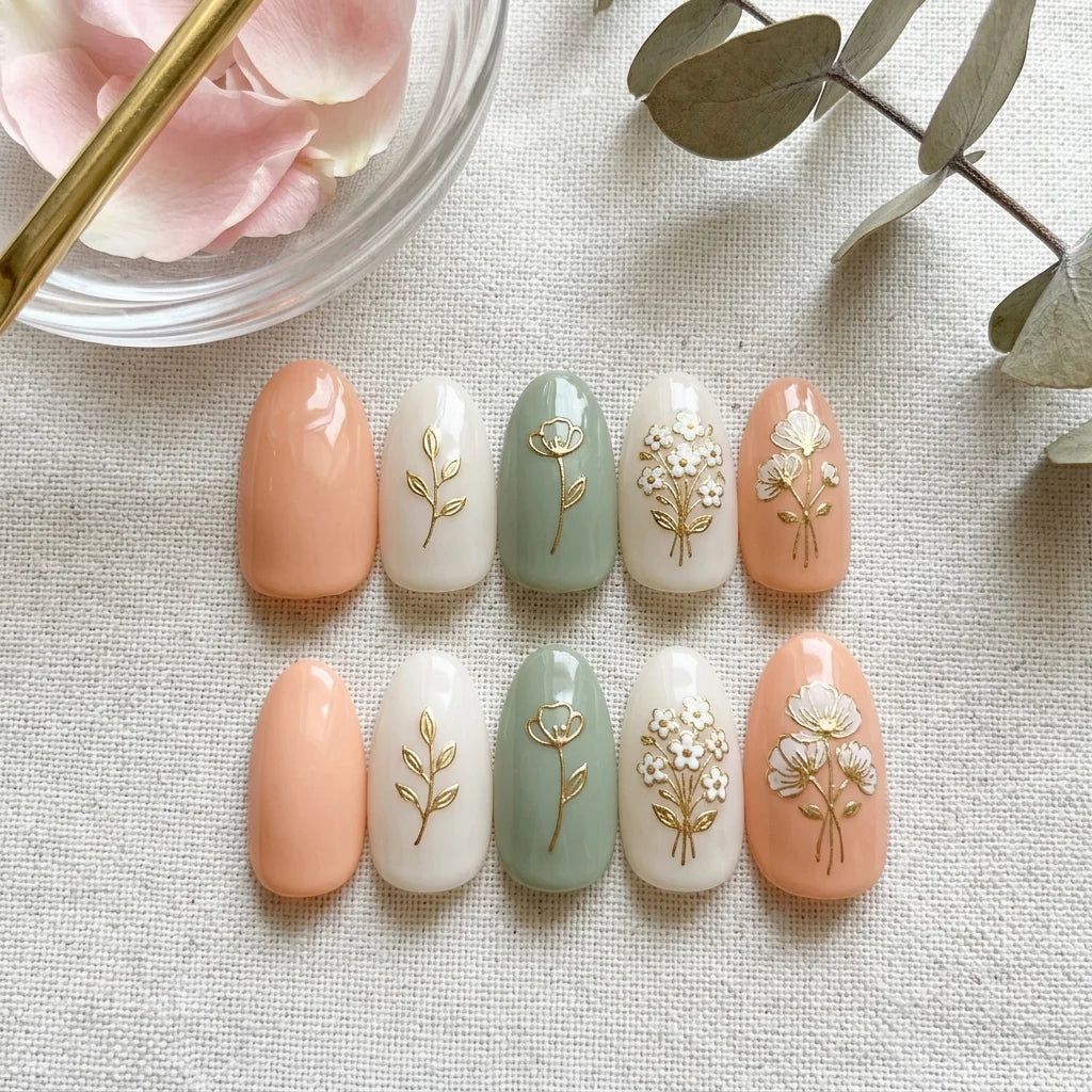 sage green hand painted almond medium press on nails floral flat lay 01