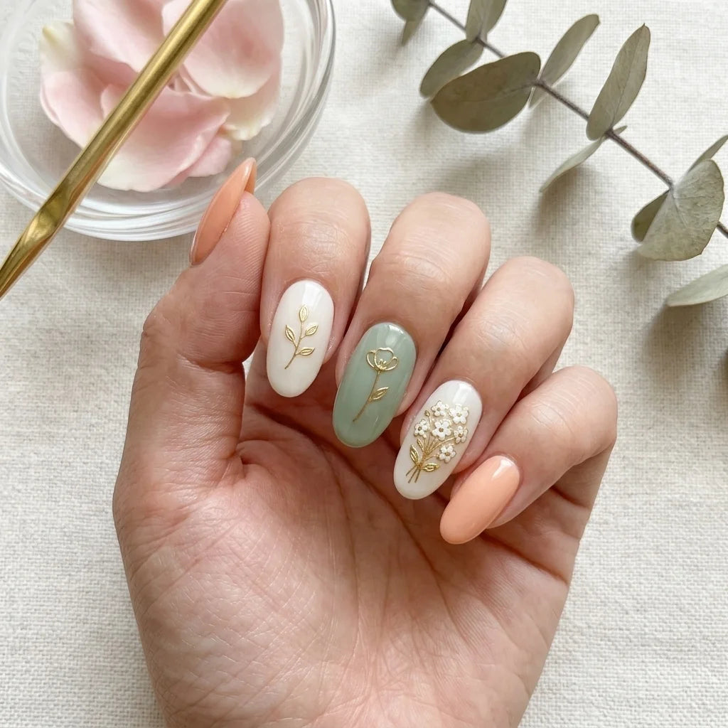 sage green hand painted almond medium press on nails floral mockup 01