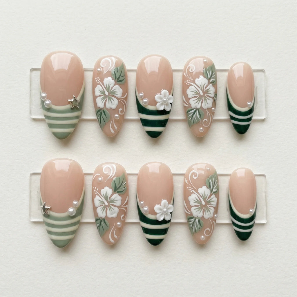 sage green hand painted almond medium press on nails hibiscus flower stripe flat lay 01
