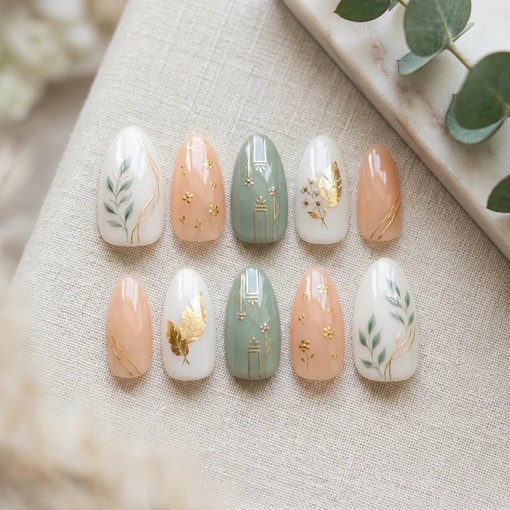 sage green hand painted almond medium press on nails leaves flat lay 01