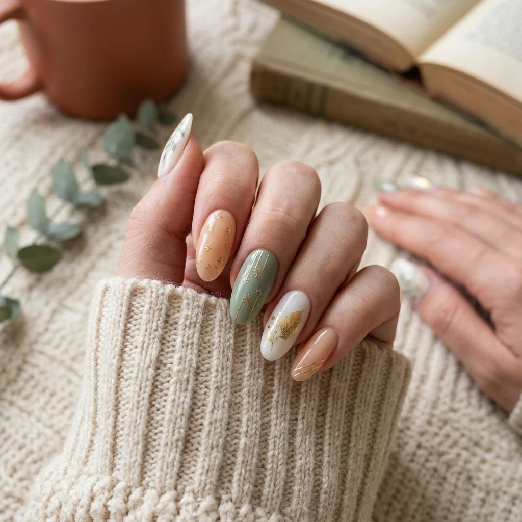 sage green hand painted almond medium press on nails leaves lifestyle 01