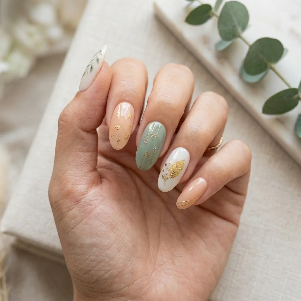 sage green hand painted almond medium press on nails leaves mockup 01