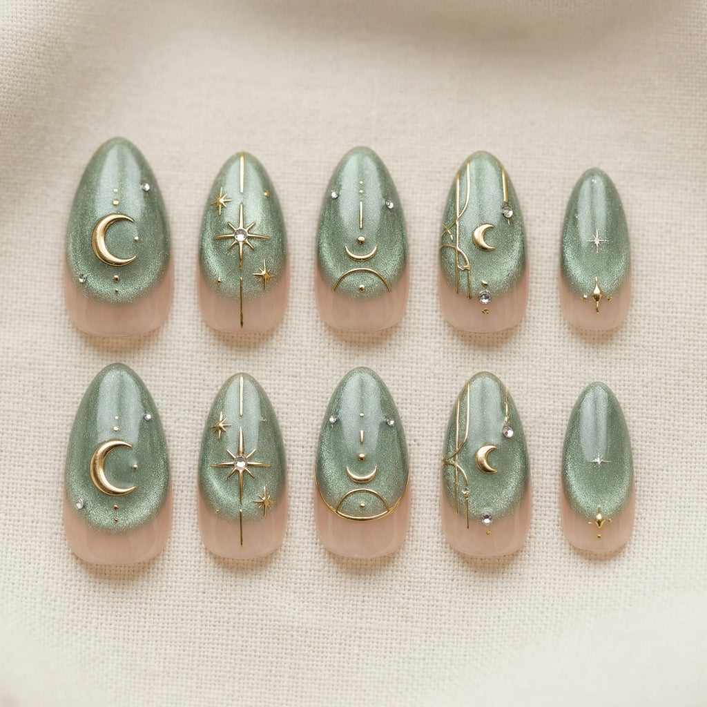 sage green hand painted almond medium press on nails flat lay 01