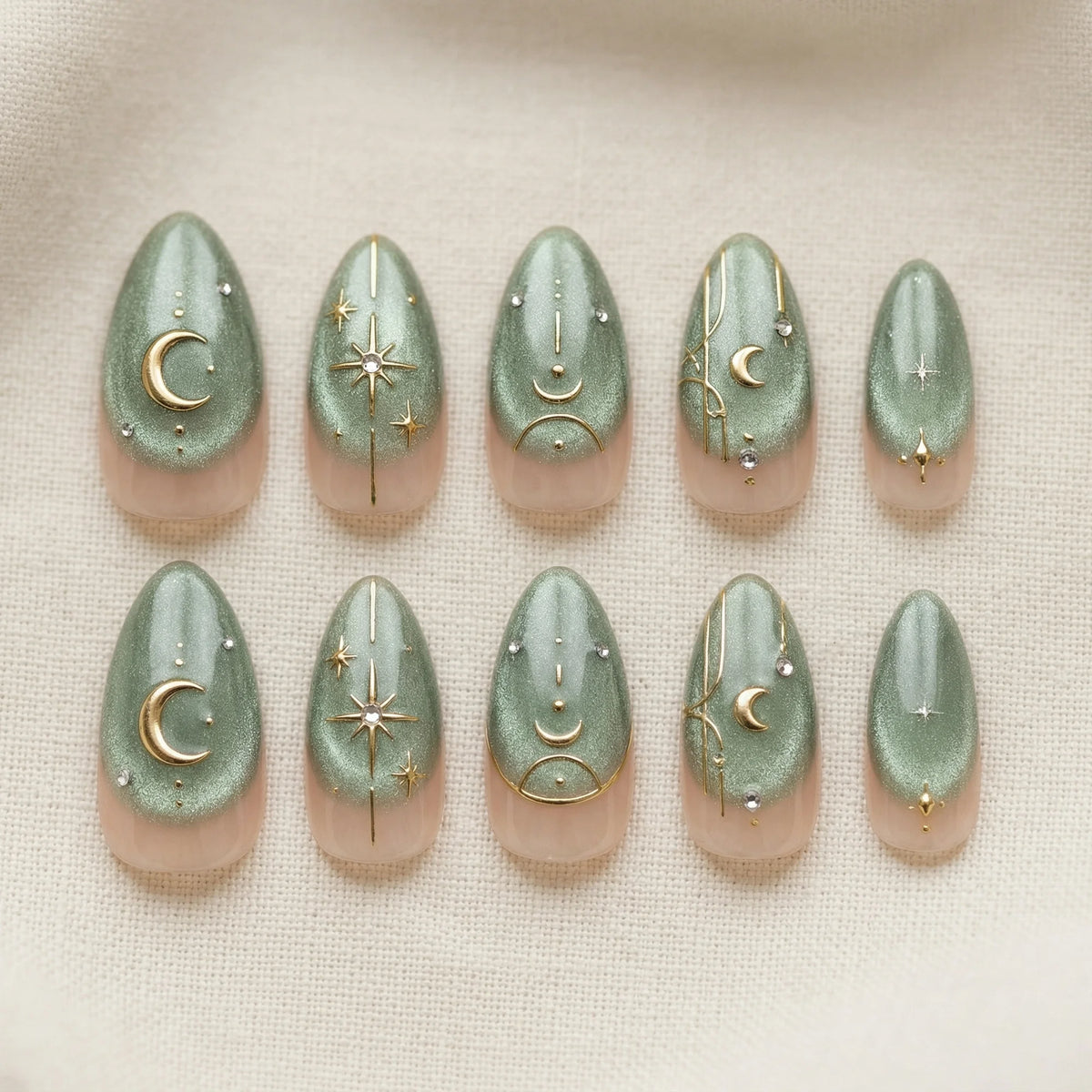 sage green hand painted almond medium press on nails flat lay 01