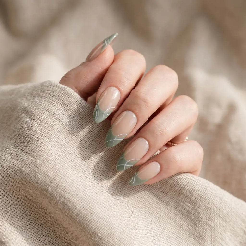sage green hand painted almond press on nails abstract swirl detail 03