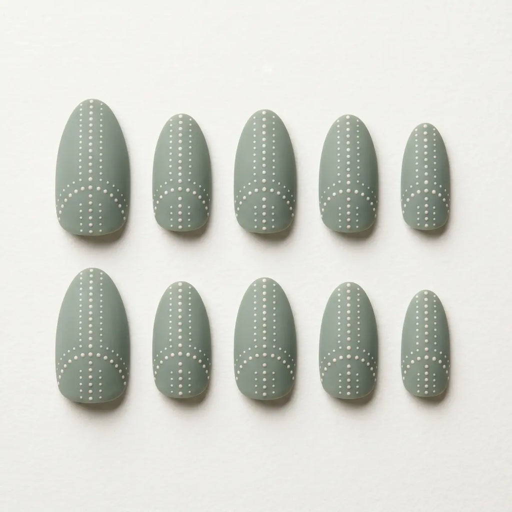 sage green hand painted almond press on nails white dot cross detail 03