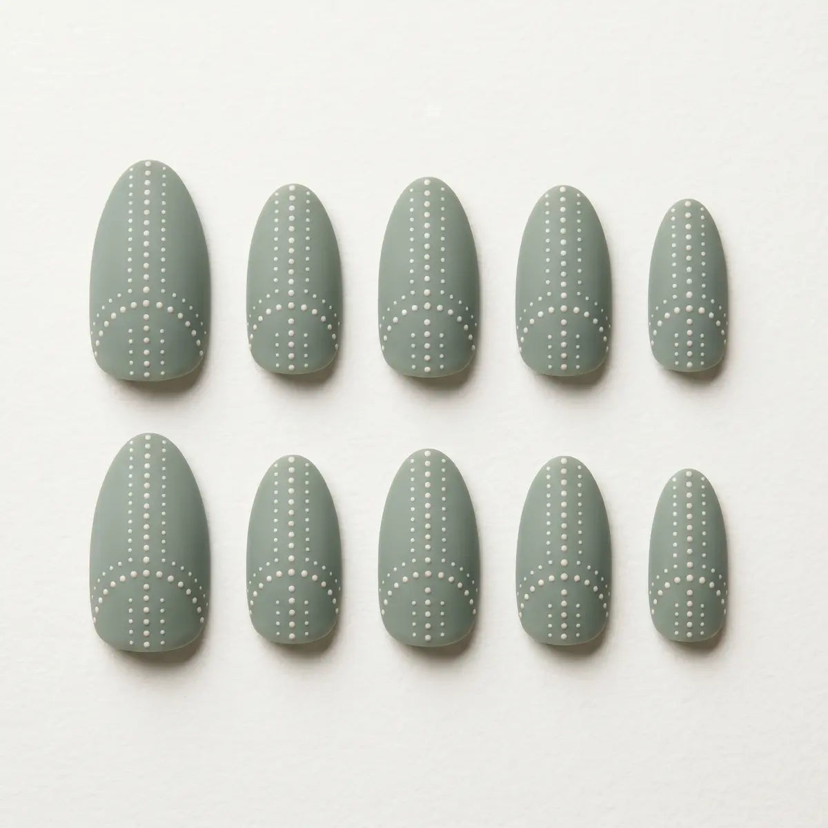 sage green hand painted almond press on nails white dot cross detail 03