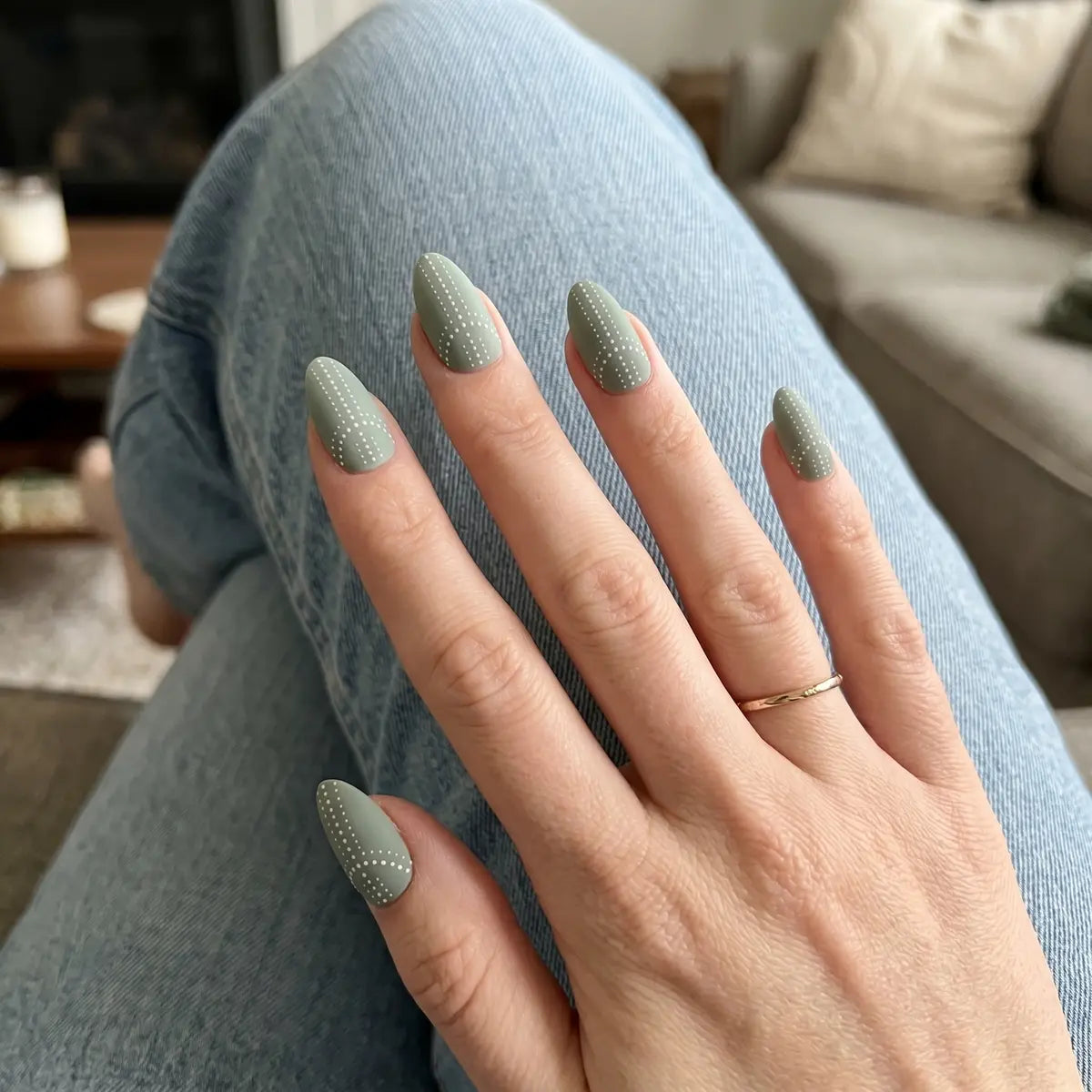 sage green hand painted almond press on nails white dot cross mockup 01