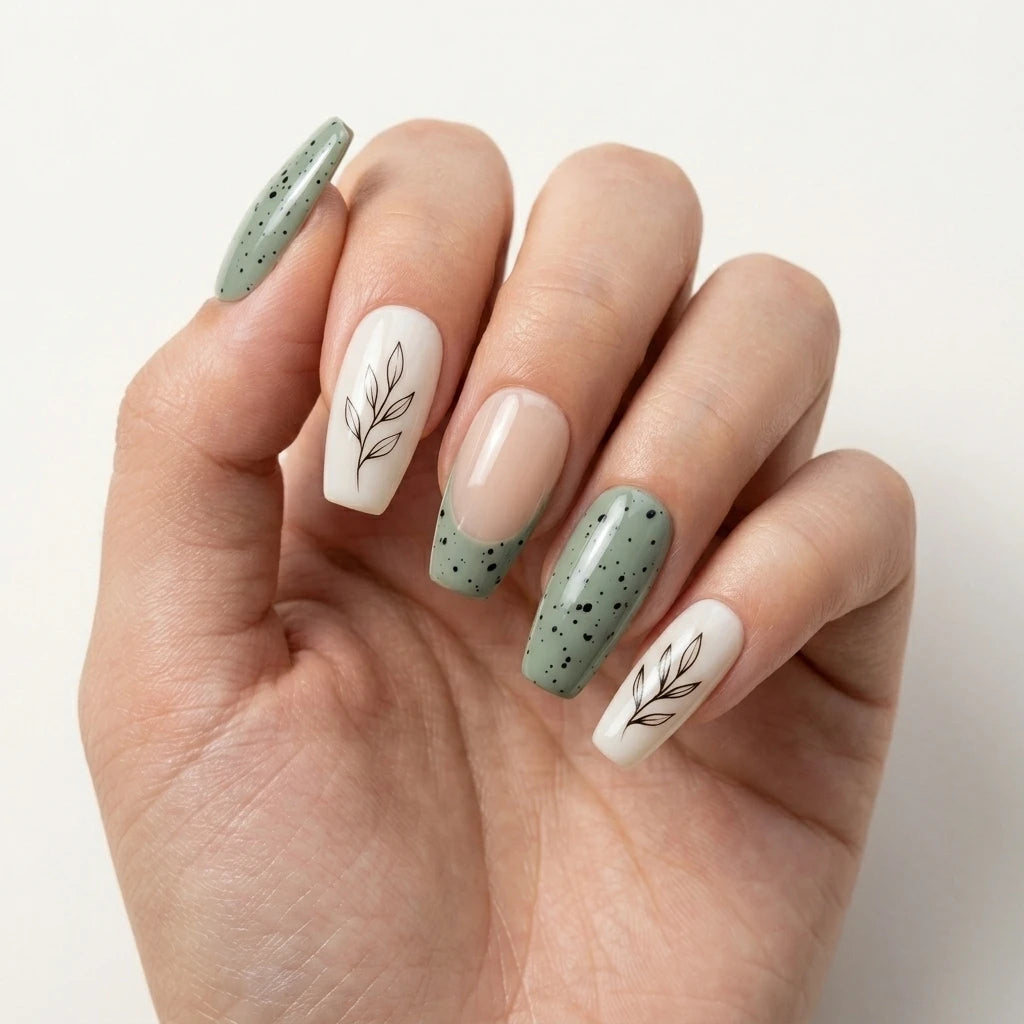 sage green hand painted coffin press on nails botanical leaf detail 03