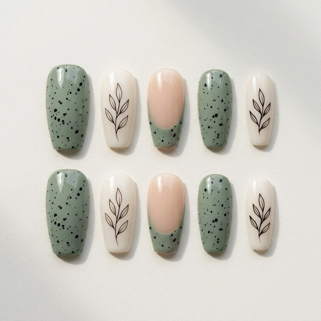 sage green hand painted coffin press on nails botanical leaf lifestyle 02