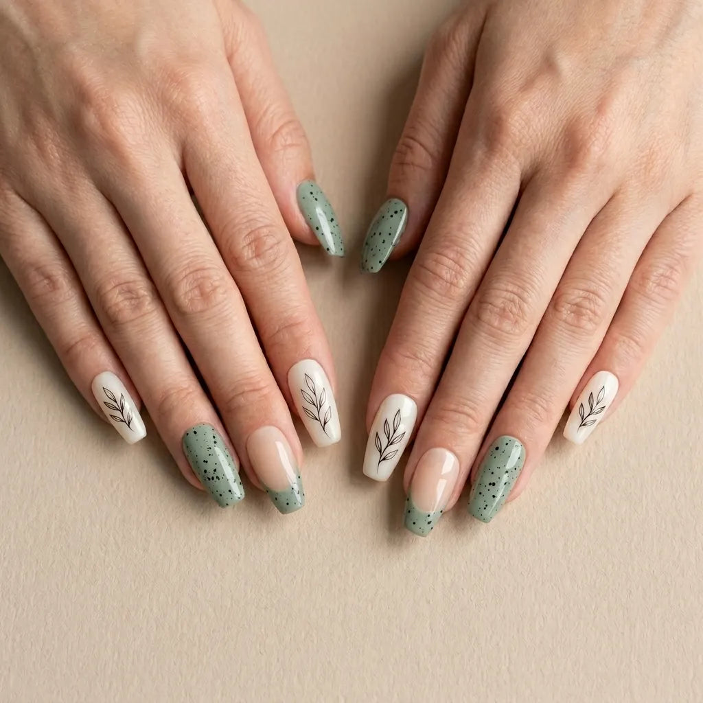 sage green hand painted coffin press on nails botanical leaf mockup 01
