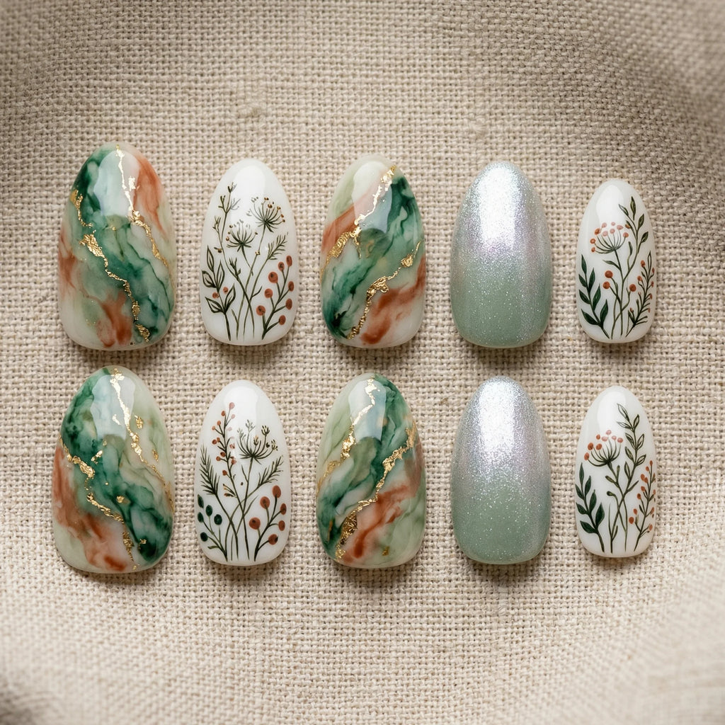 sage green marble almond medium press on nails flat lay 01