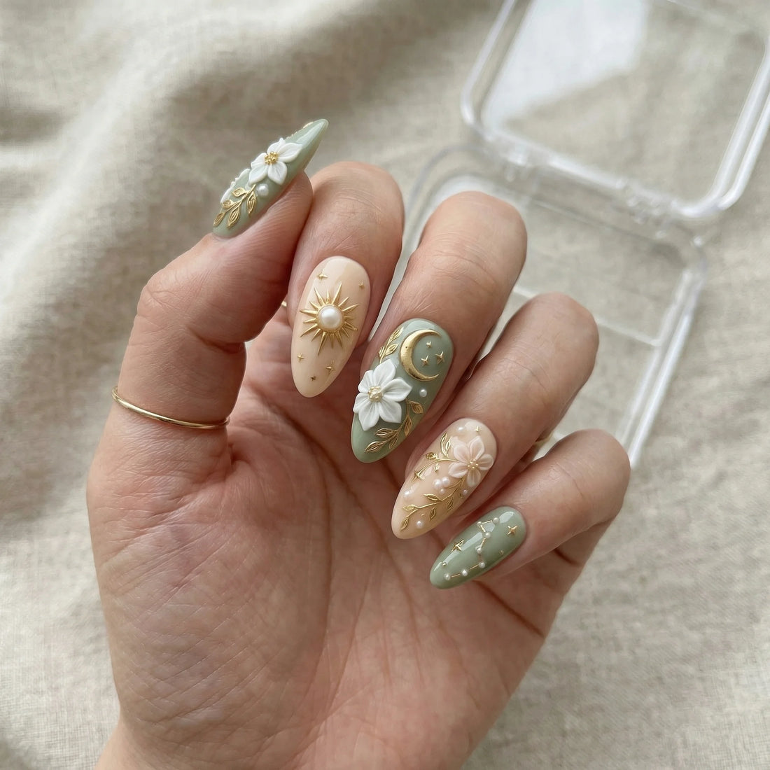 sage green metallic almond medium press on nails celestial floral mockup 01