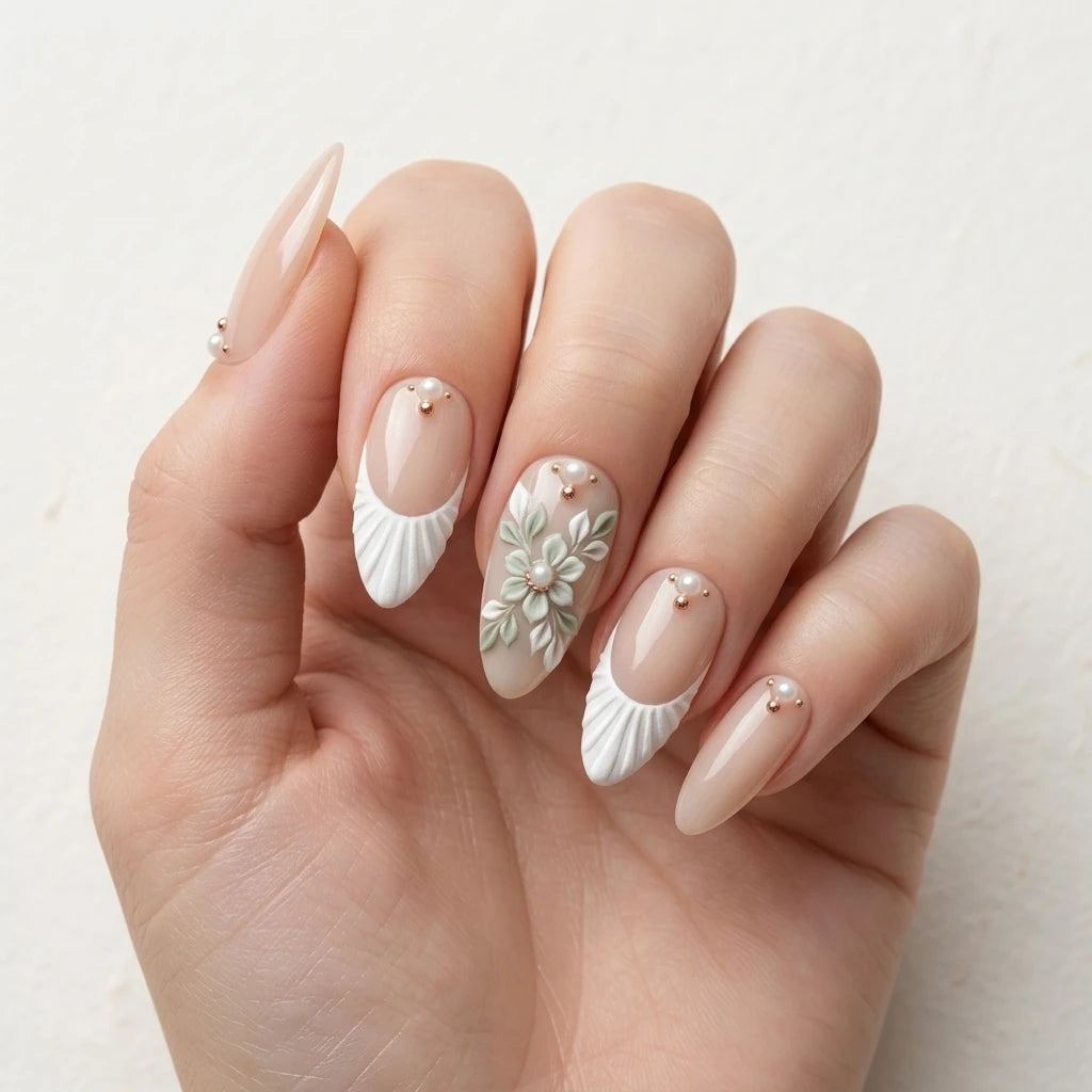 sage green nude beige 3d french tip almond press on nails shell flower detail 03