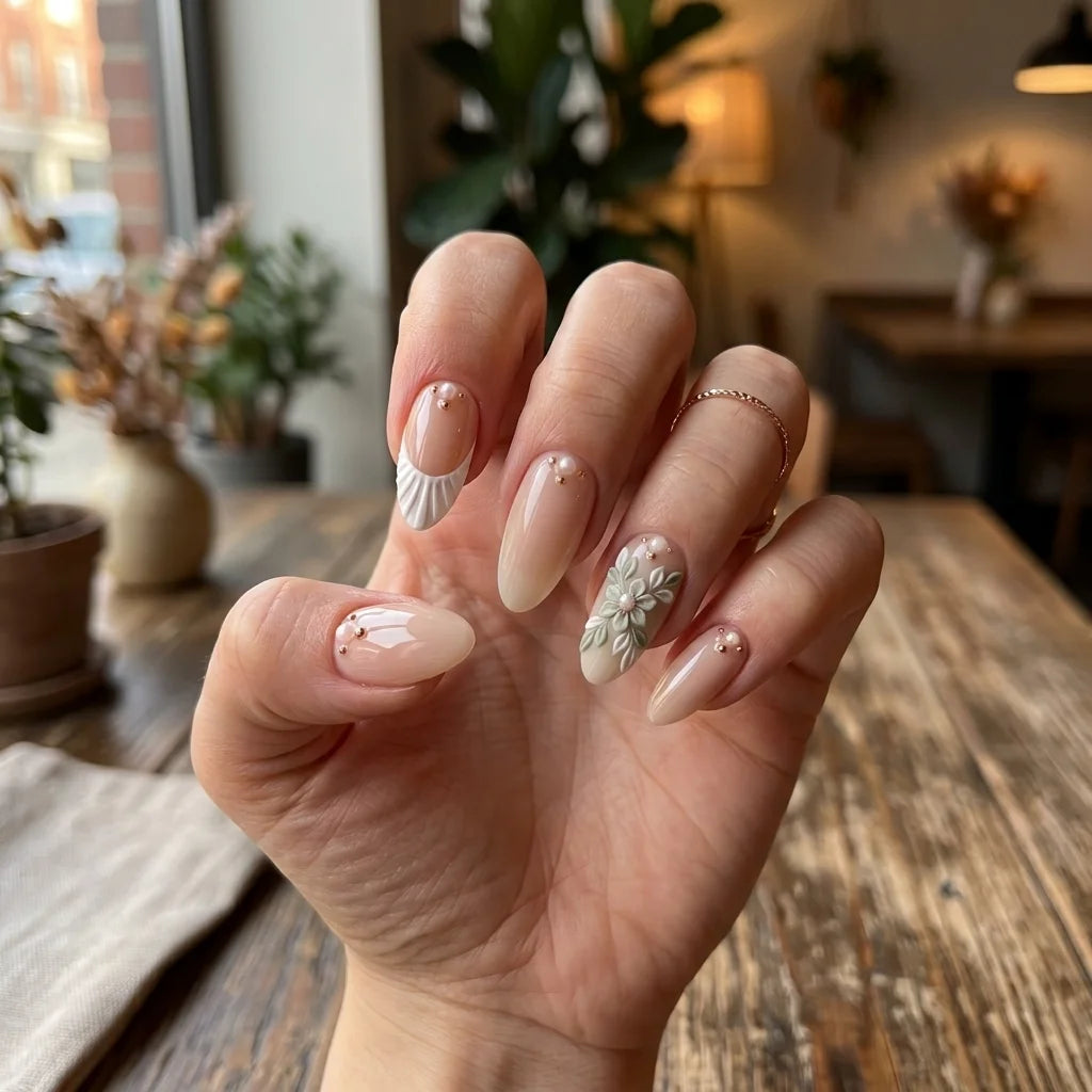 sage green nude beige 3d french tip almond press on nails shell flower detail 03 alt