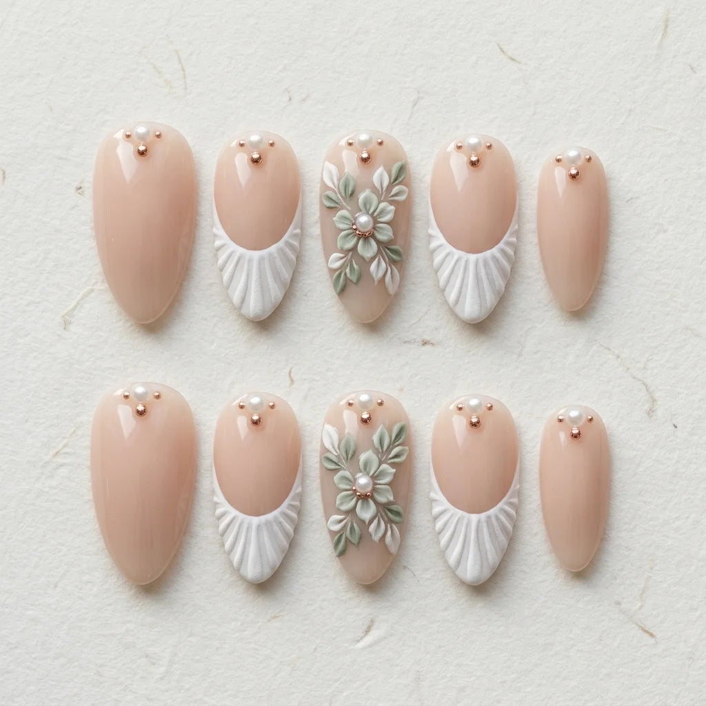 sage green nude beige 3d french tip almond press on nails shell flower flat lay 04