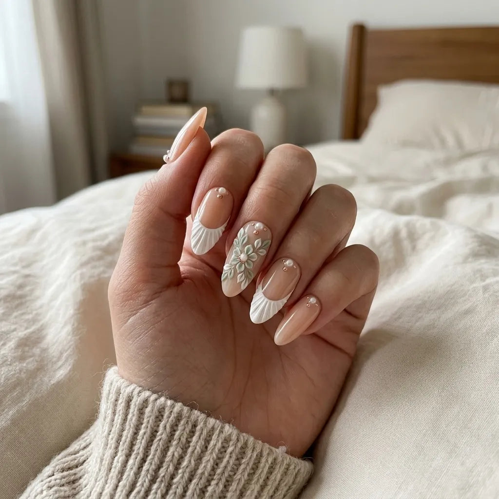 sage green nude beige 3d french tip almond press on nails shell flower lifestyle 02