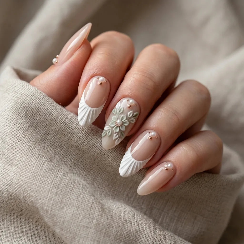 sage green nude beige 3d french tip almond press on nails shell flower mockup 01