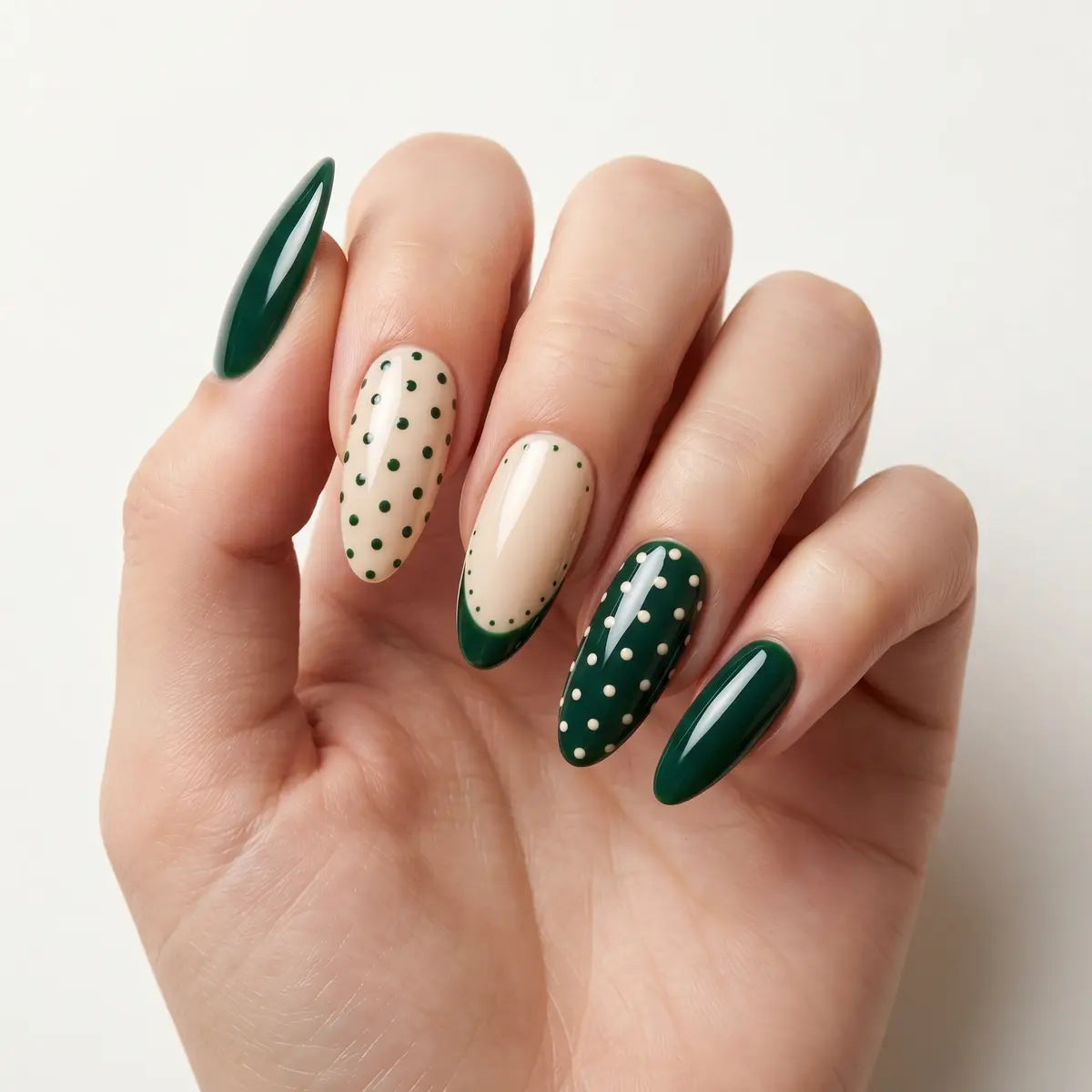 sage green nude french tip almond press on nails polka dot line detail 03