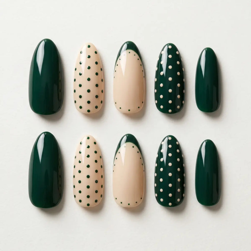sage green nude french tip almond press on nails polka dot line flat lay 04