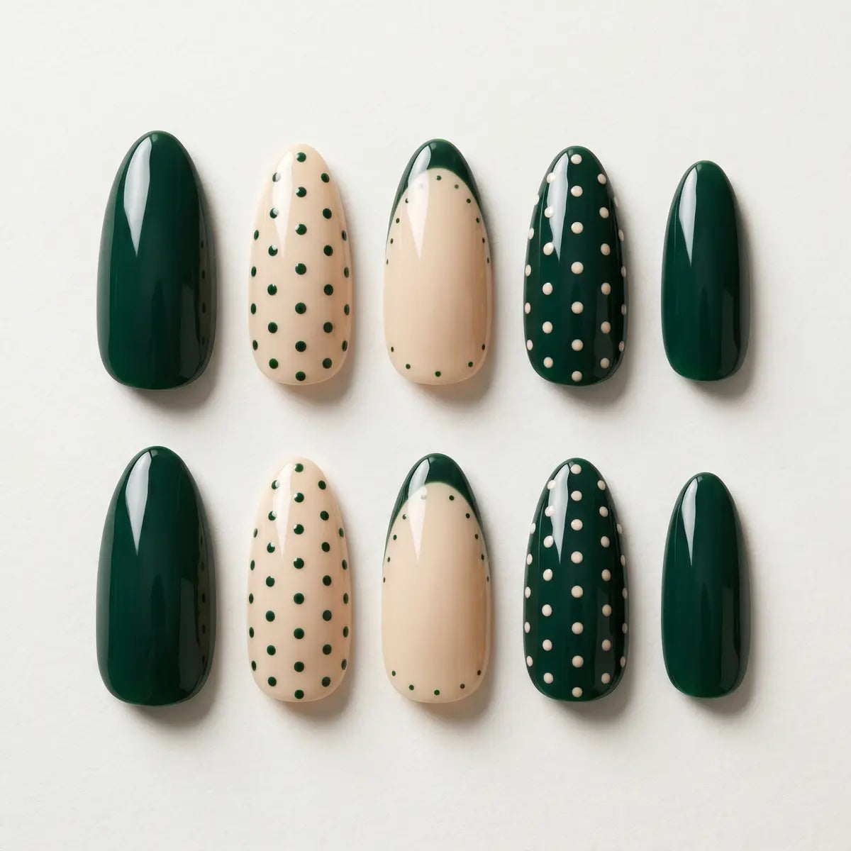 sage green nude french tip almond press on nails polka dot line flat lay 04