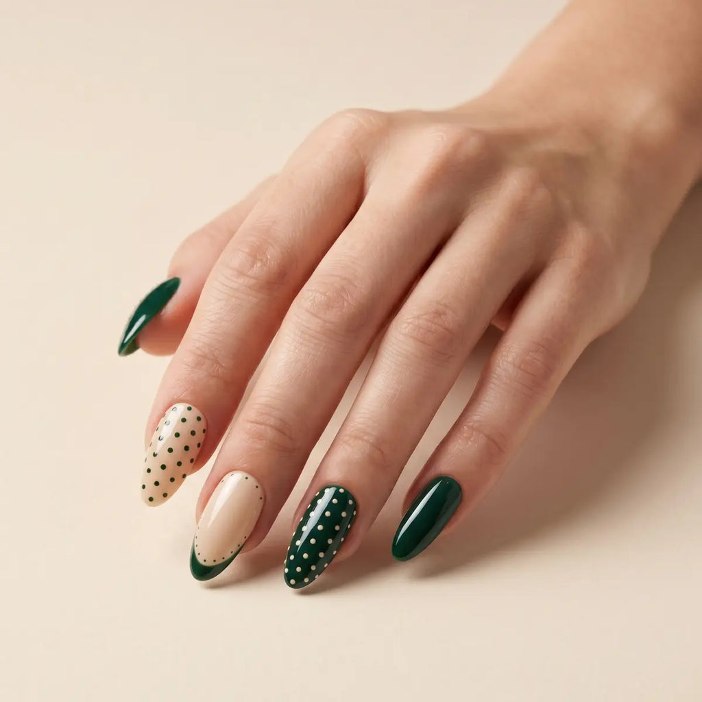 sage green nude french tip almond press on nails polka dot line lifestyle 02