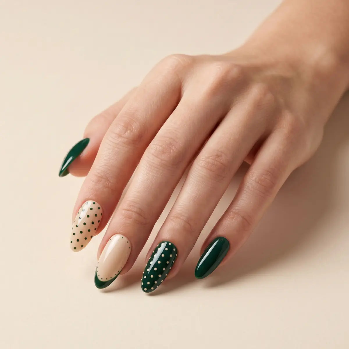 sage green nude french tip almond press on nails polka dot line lifestyle 02