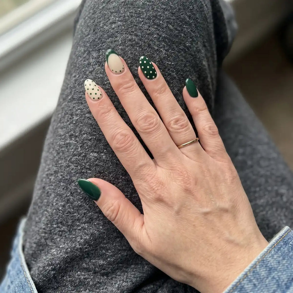 sage green nude french tip almond press on nails polka dot line mockup 01