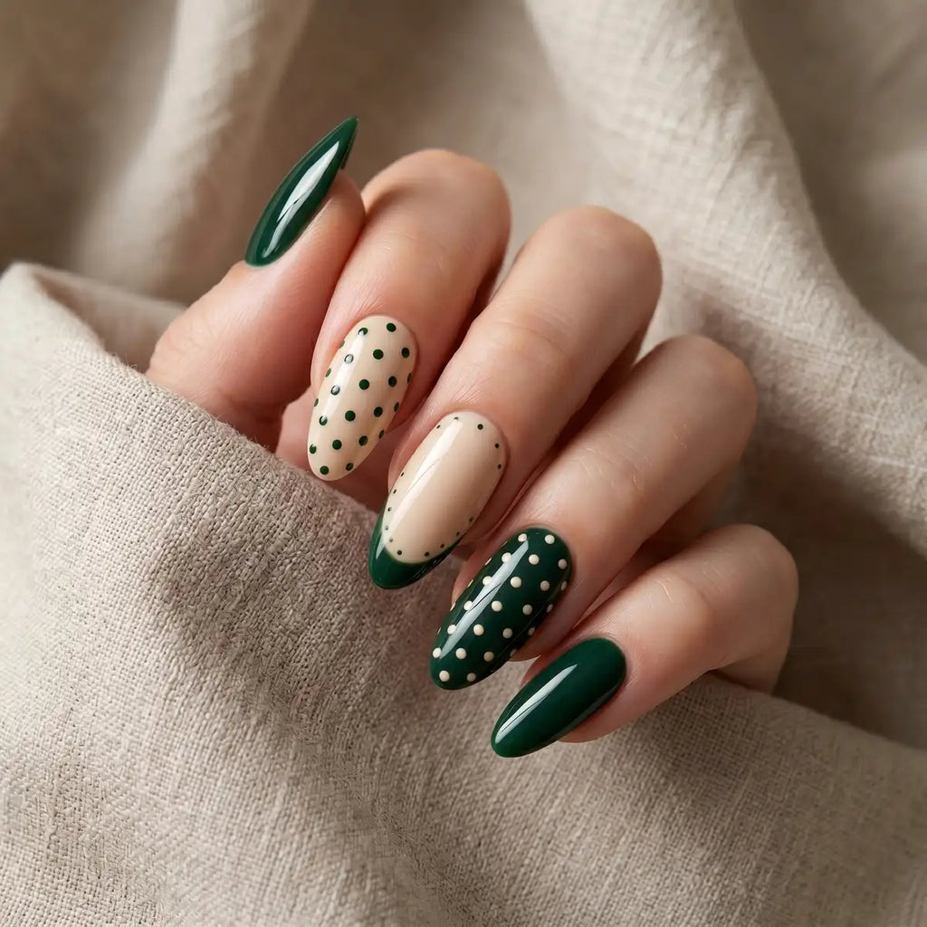 sage green nude french tip almond press on nails polka dot line mockup 05