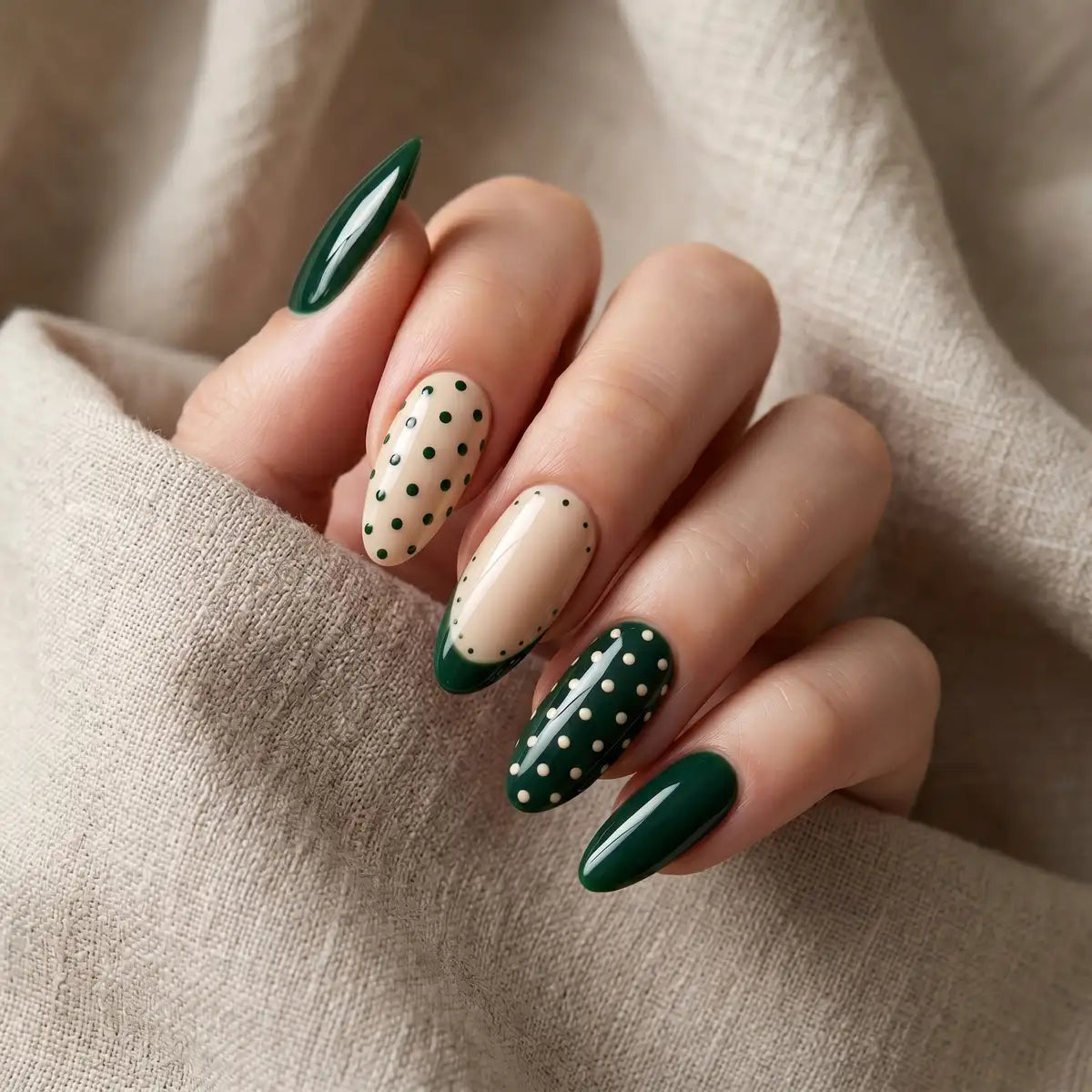 sage green nude french tip almond press on nails polka dot line mockup 05