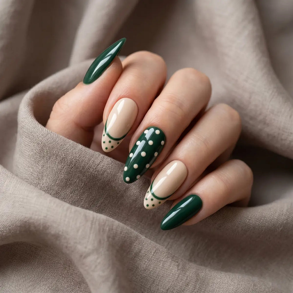 sage green nude french tip almond press on nails polka dot detail 03
