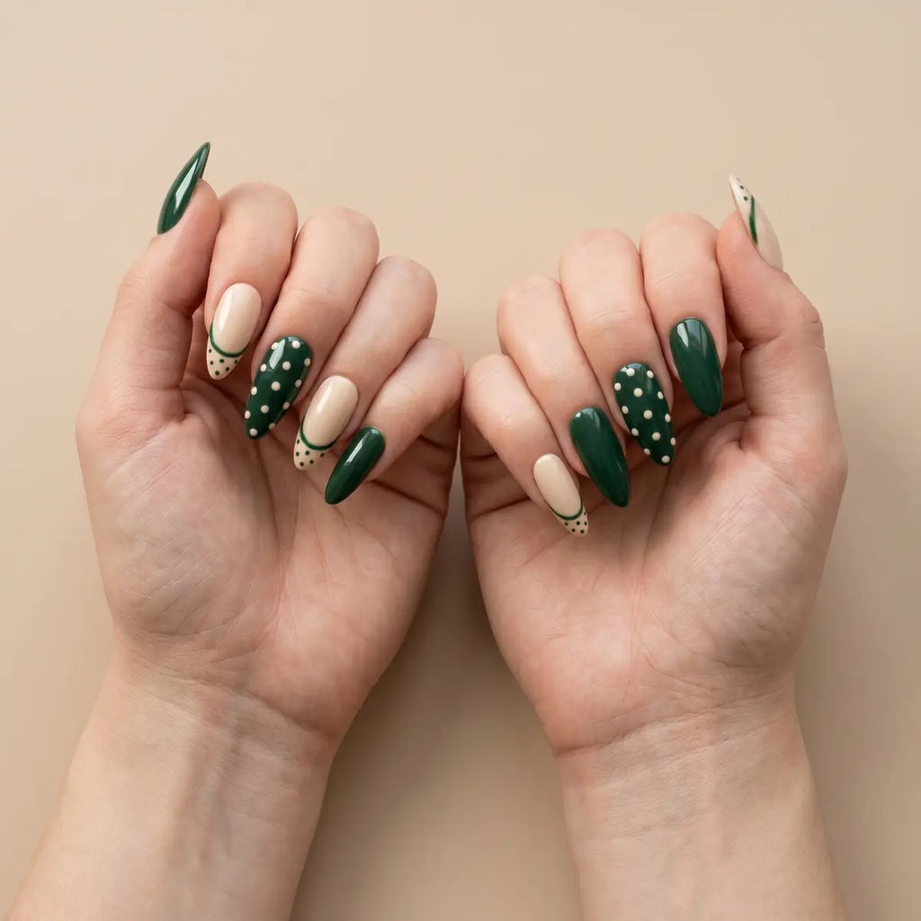 sage green nude french tip almond press on nails polka dot flat lay 04