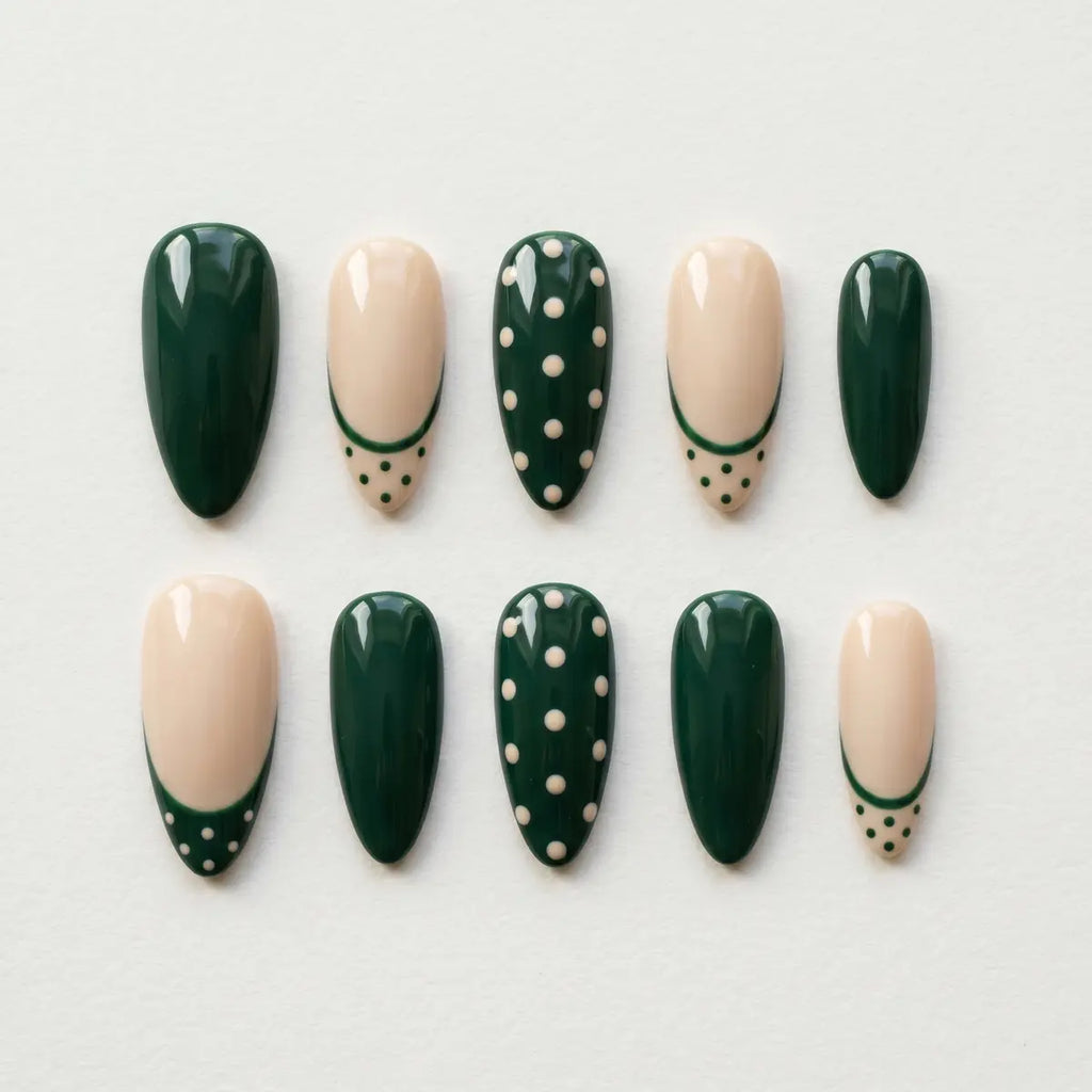 sage green nude french tip almond press on nails polka dot lifestyle 02